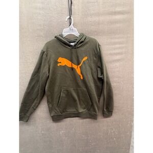 PUMA Hoodie Sweatshirt Mens Medium Olive Green Orange Logo Pullover Fleece Lined